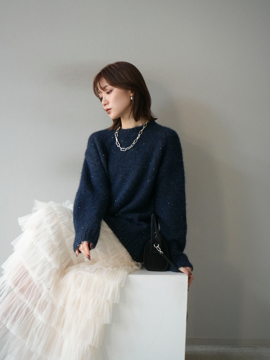 [予約]スパンコールニットプルオーバー/ネイビー