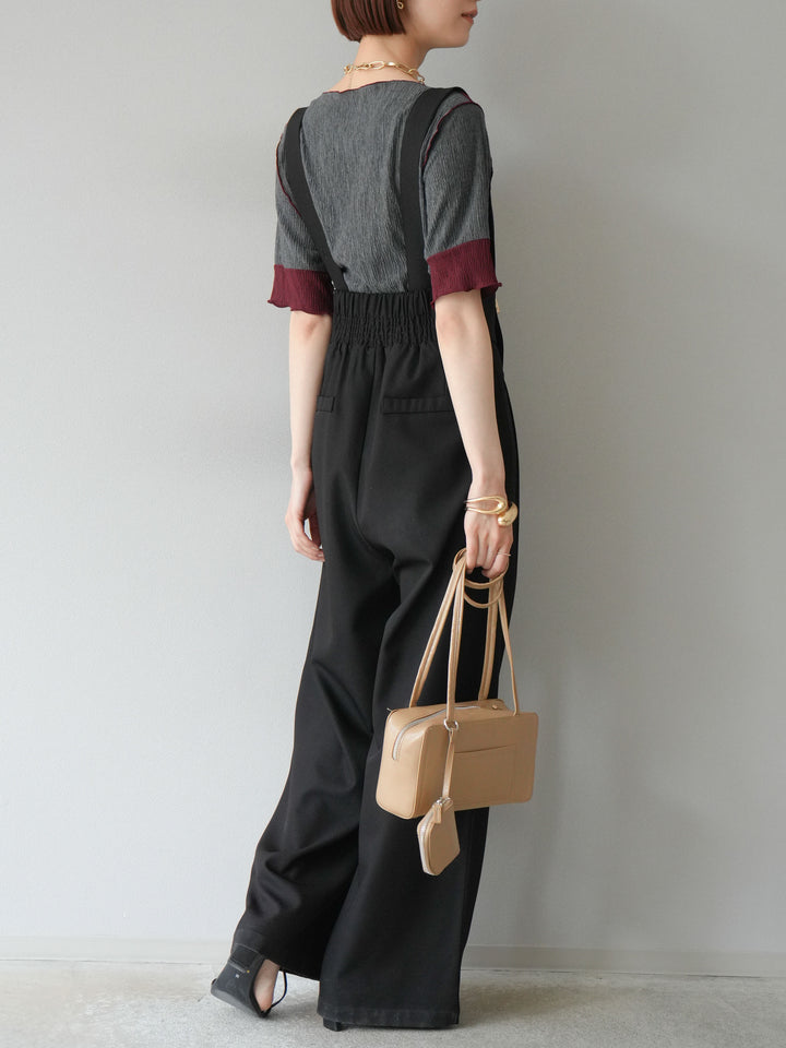 [SET]プリーツ配色ボートネックプルオーバー+ゴールドボタンサスペンダーワイドパンツ(2set)