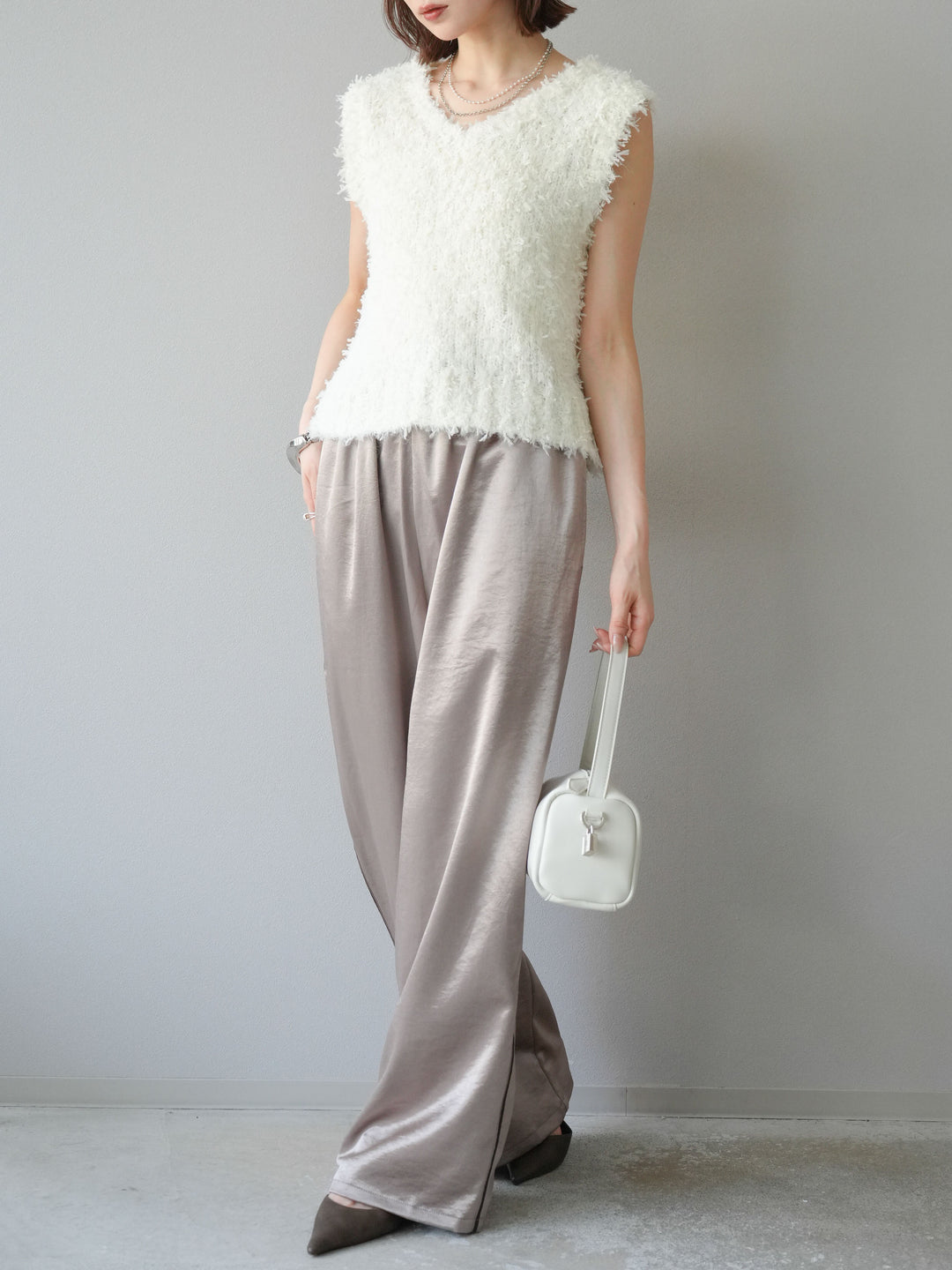 [予約]テープヤーンフリンジニットベスト/アイボリー