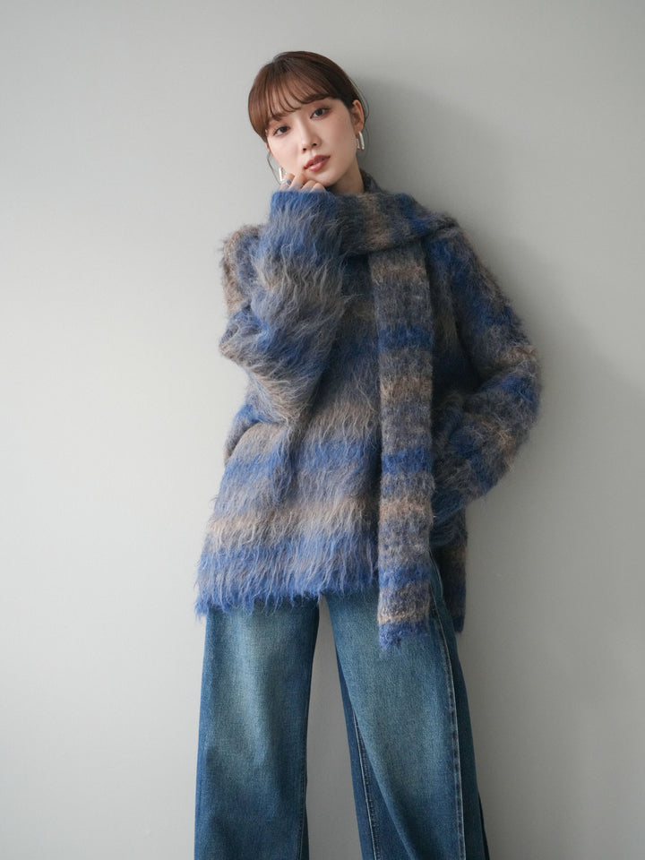 [予約]ストール付シャギーマルチボーダーニットプルオーバー/blue