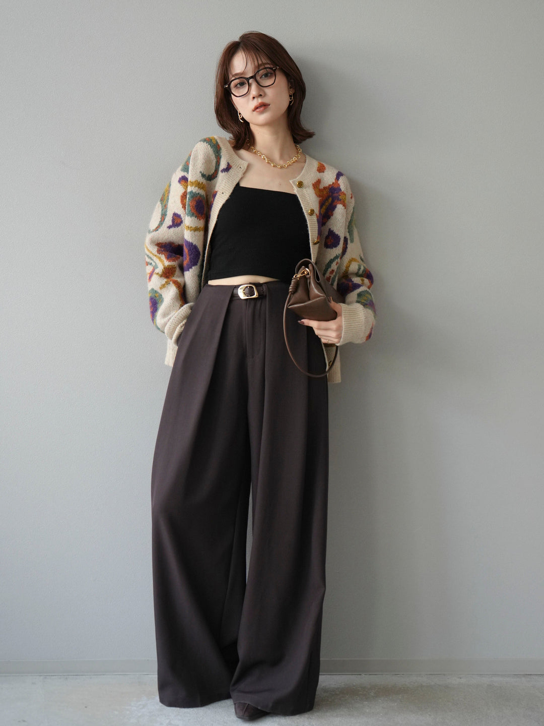 [SET]ミックスヤーンペイズリー柄ニットカーディガン+ベルトループデザインワイドパンツ(2set)
