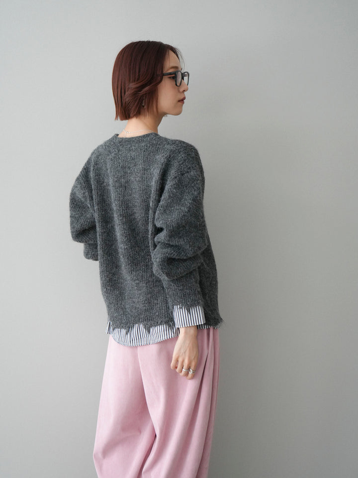 [SET]裾シャツレイヤードダメージニットプルオーバー+コーデュロイサイドタックコクーンパンツ(2set)