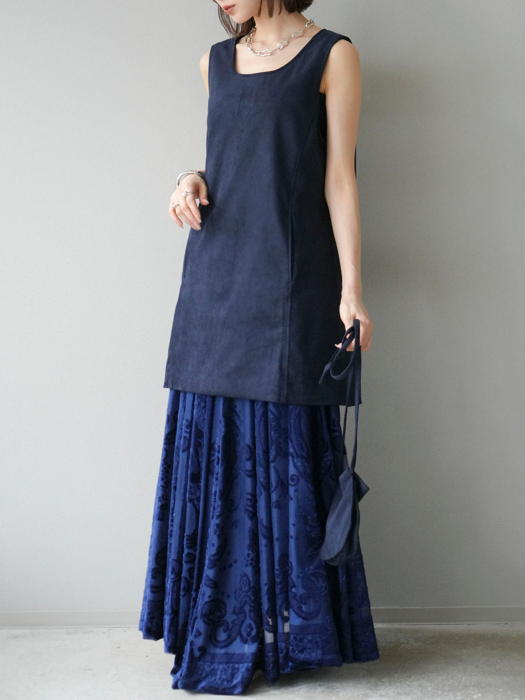 [予約]アンティーク柄フロッキーマキシスカート/ブルー