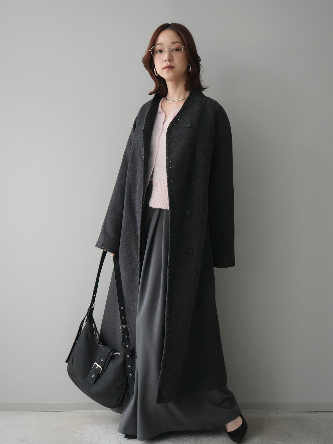 [SET]ハンドステッチ裏中綿ロングコート+テープベルトタックバギーパンツ(2set)