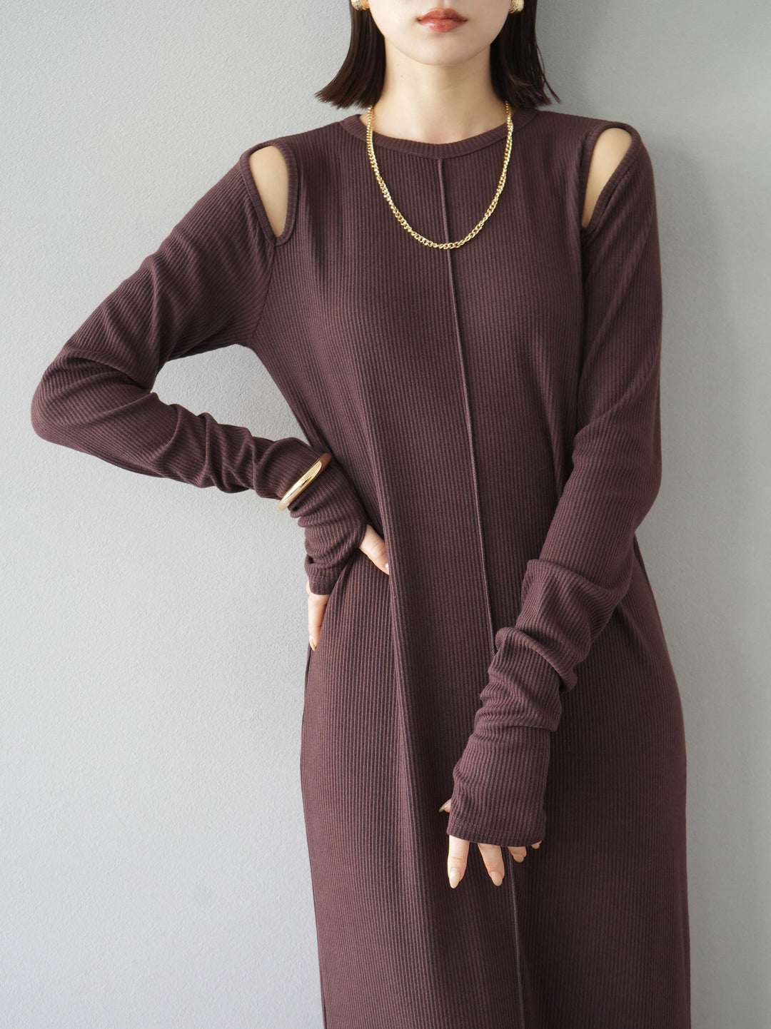 [SET] 鏤空羅紋長袖洋裝+可選配件套裝（2套）