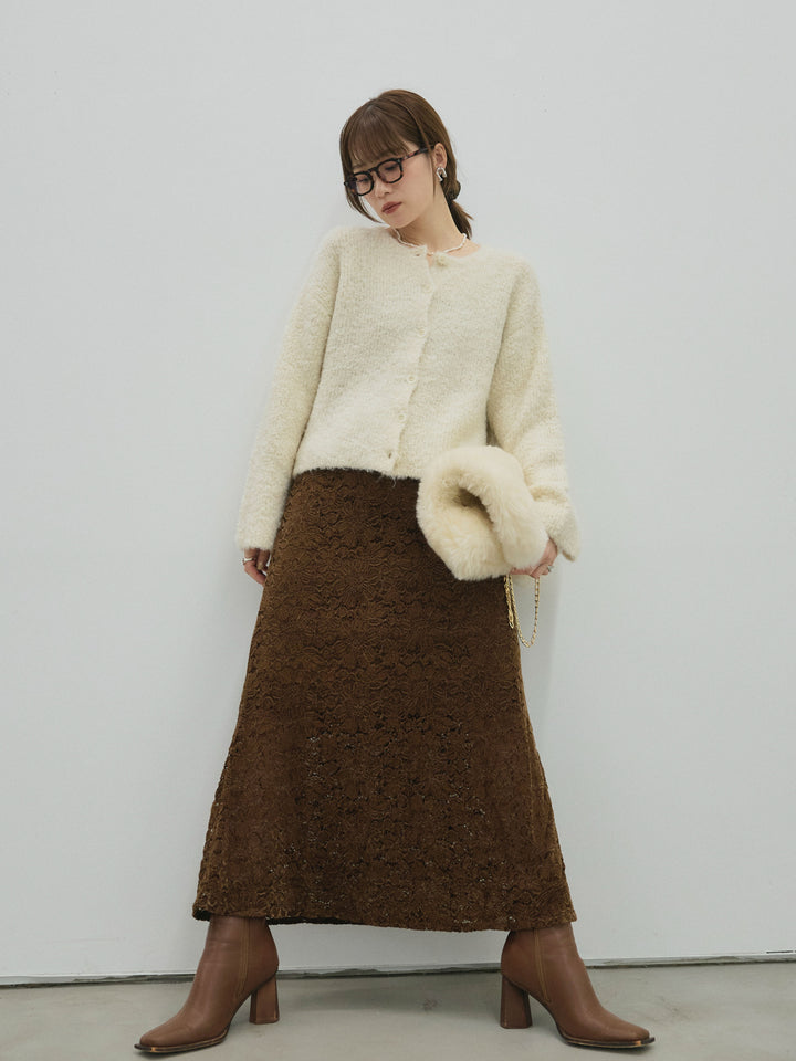 【Allure】[SET]ブークレニットカーディガン+起毛レースストレッチナロースカート(2set)