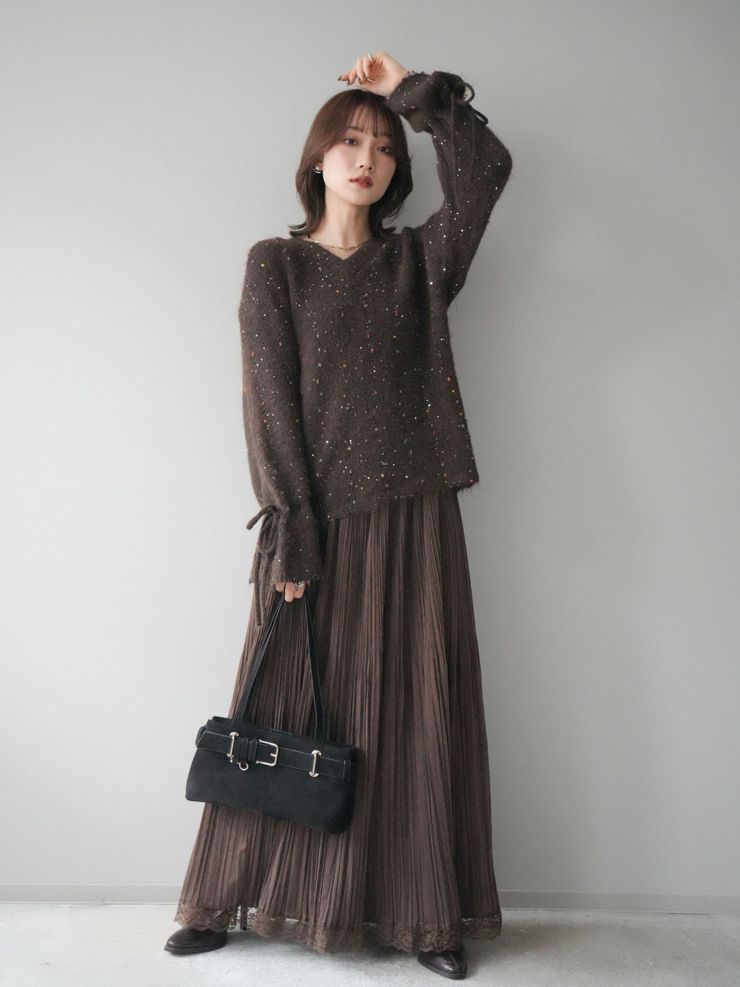 [SET]キャンディースリーブカラーネップスパンコールニットプルオーバー+裾レーススウェードプリーツマキシスカート(2set)