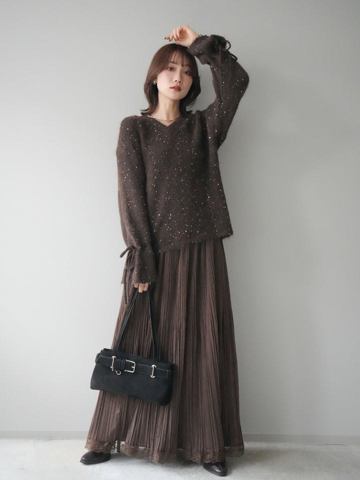 [SET]キャンディースリーブカラーネップスパンコールニットプルオーバー+裾レーススウェードプリーツマキシスカート(2set)