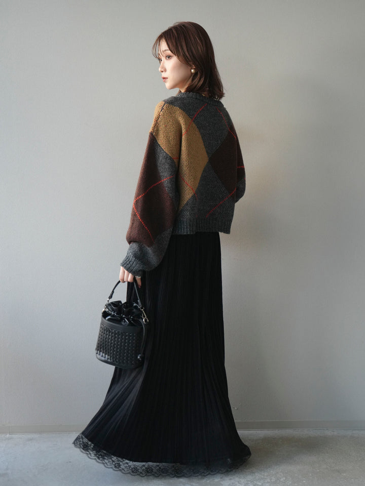 [SET]配色ステッチアーガイル柄ニットプルオーバー+裾レーススウェードプリーツマキシスカート(2set)