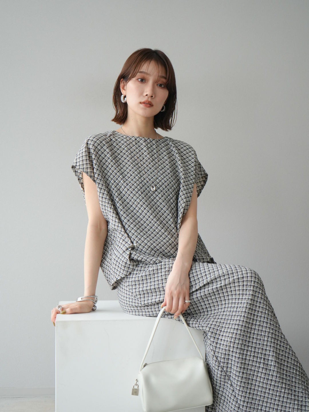 [予約]チェック柄タックデザインフレンチスリーブトップス/ブラック