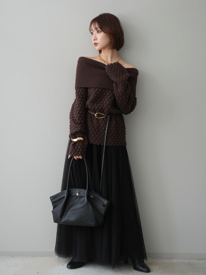 [SET]ポコポコ編みオフショルニットプルオーバー+チュールボリュームスカート(2set)