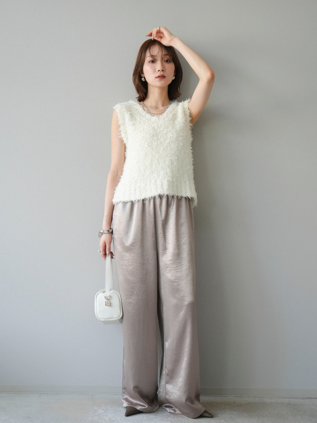 [予約]サテンラインワイドパンツ/グレージュ