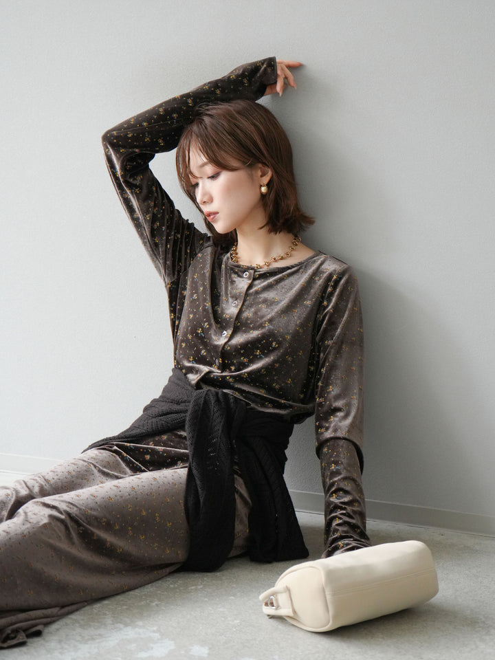 [予約]ベロアフラワープリントカーディガン/ブラウンxイエロー