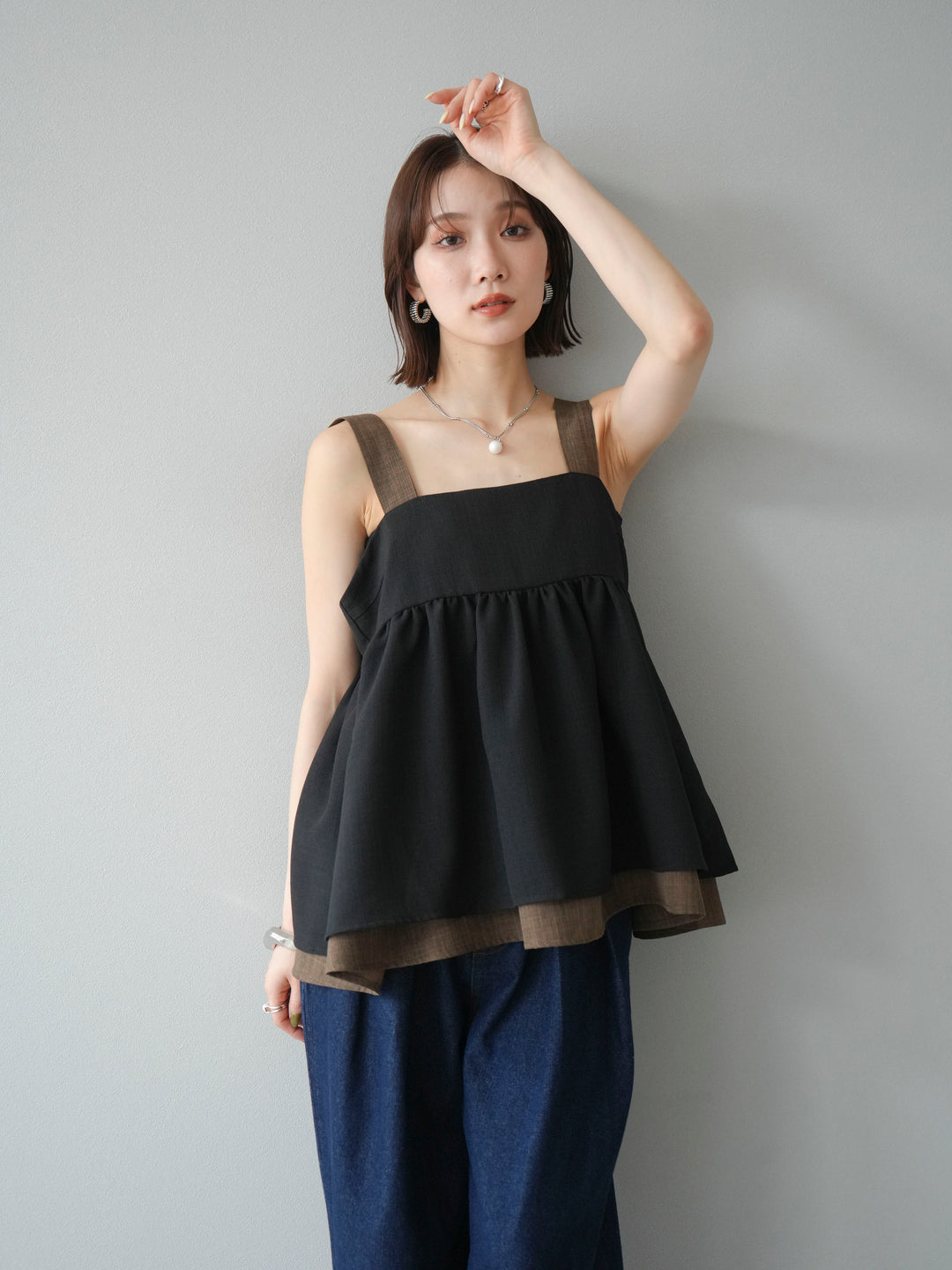 [予約]リネンライク配色フレアタンクトップ/ブラック