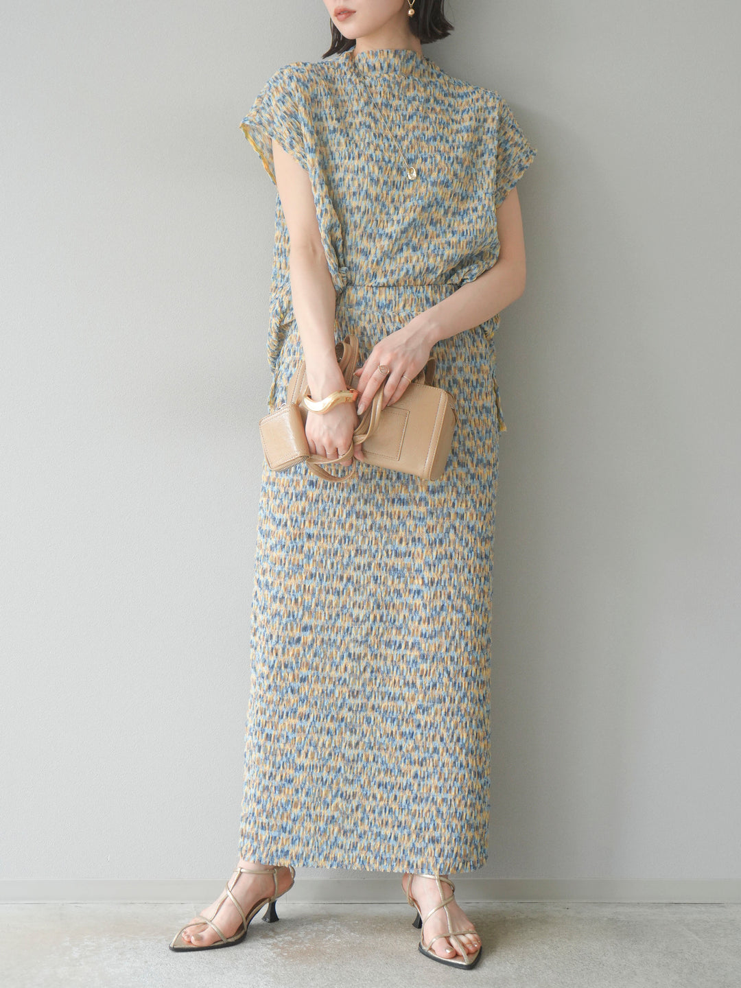 [予約]マルチカラーランダムプリーツタイトスカート/イエロー