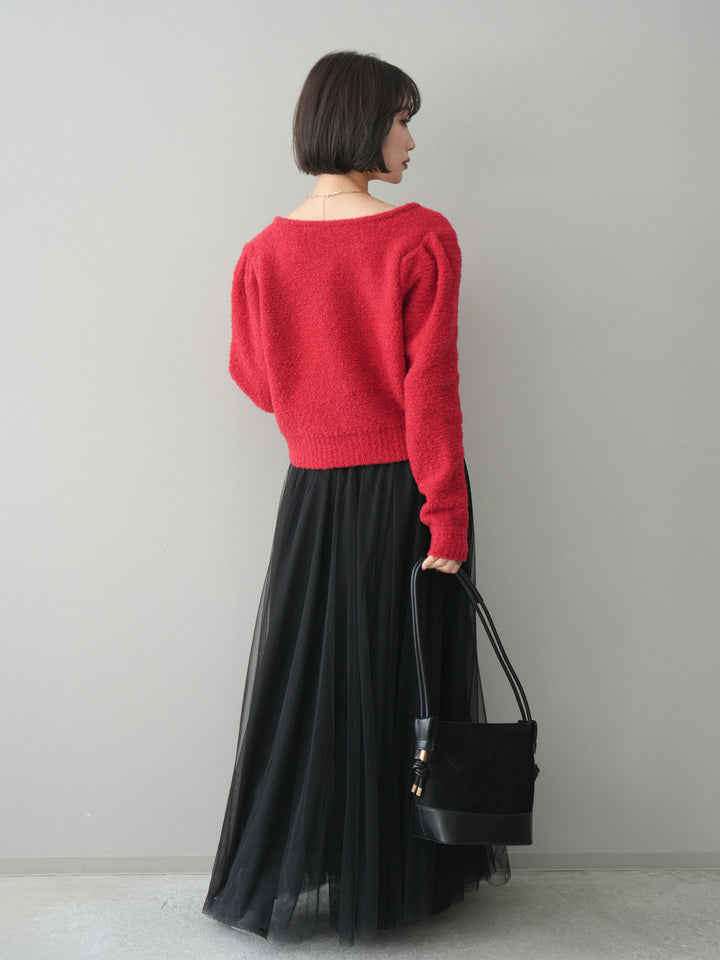 [SET]ゴールドボタンブークレニットカーディガン+チュールボリュームスカート(2set)