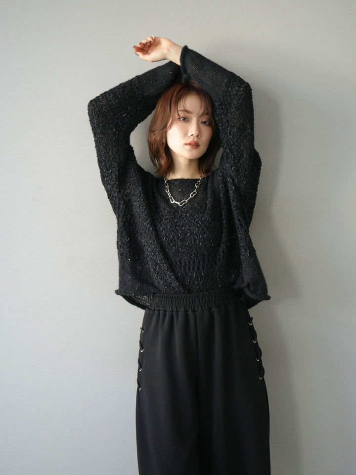 [予約]ミックスヤーンデザイン編みメッシュニットプルオーバー/ブラック