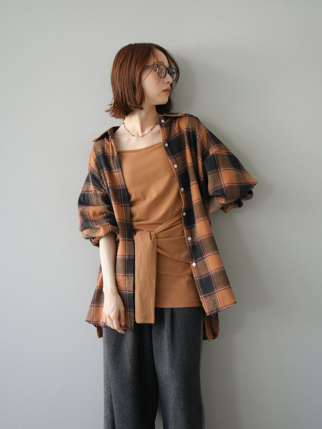 [予約]カップ付キャミ付チェックシャツチュニック/ブラウン