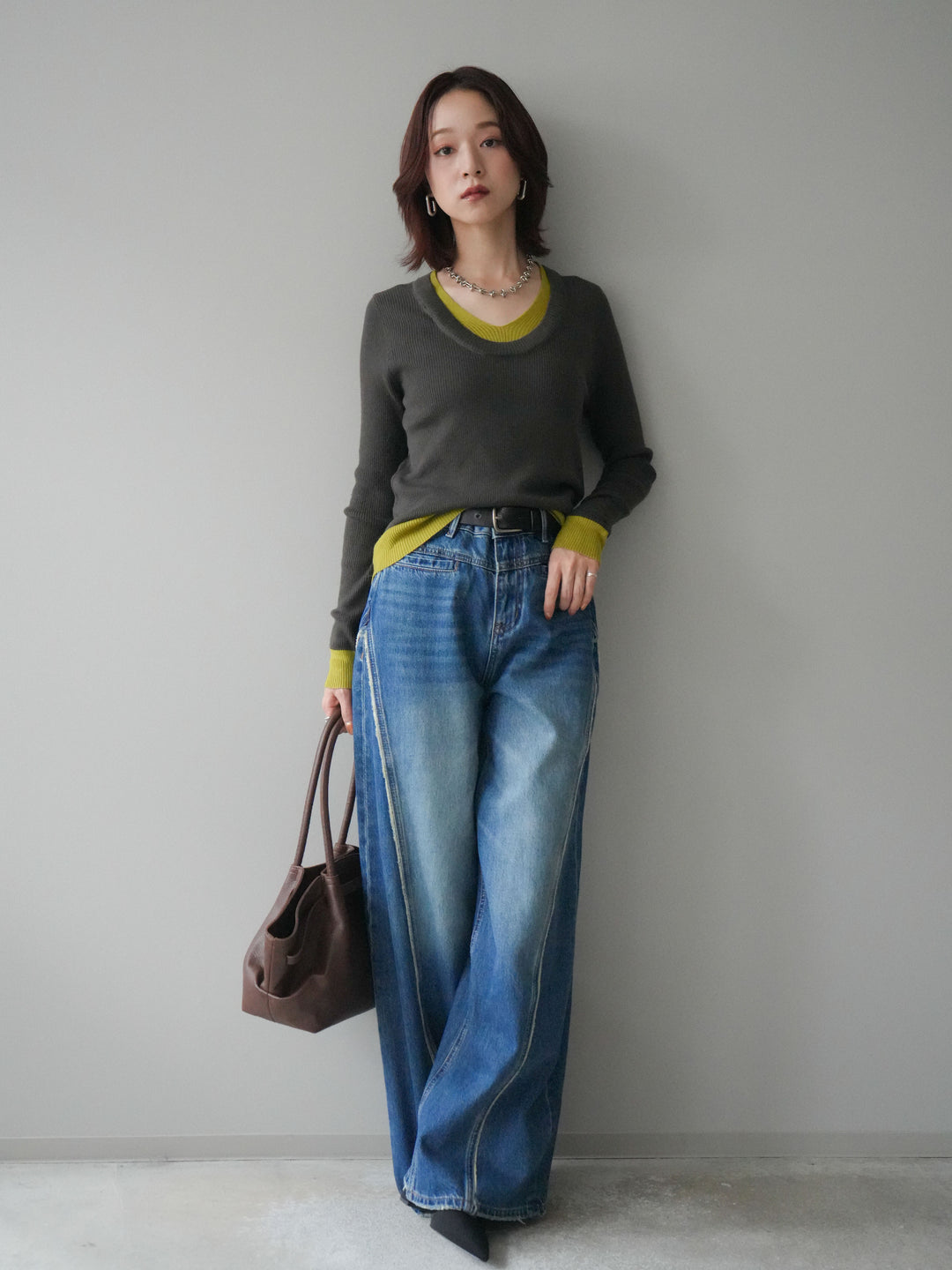 [SET]Uネック配色レイヤードリブニットトップス+サイドフリンジワイドデニムパンツ(2set)