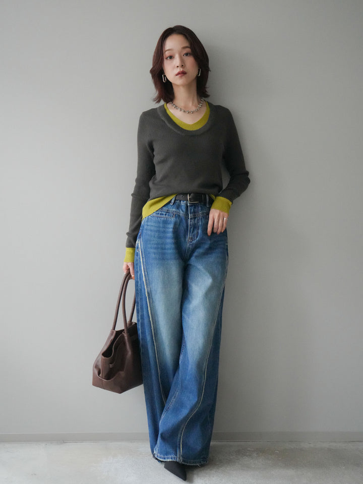 [SET]Uネック配色レイヤードリブニットトップス+サイドフリンジワイドデニムパンツ(2set)