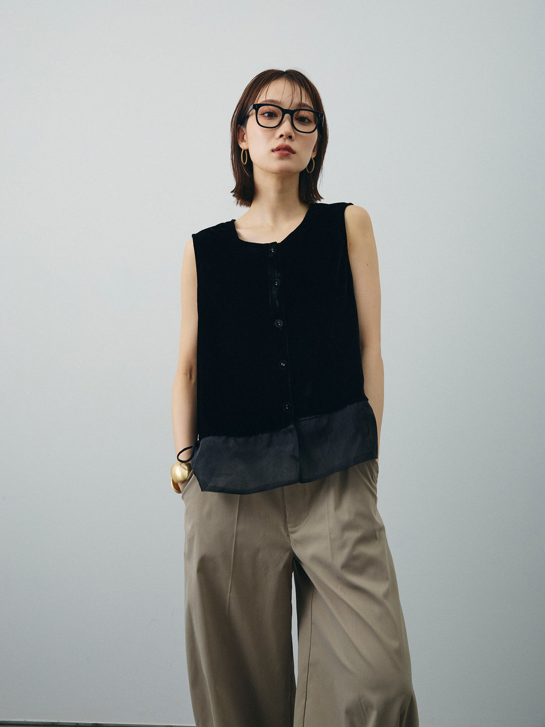 [SET]裾チュールベロアノースリーブプルオーバー+コクーンワイドチノパンツ(2set)