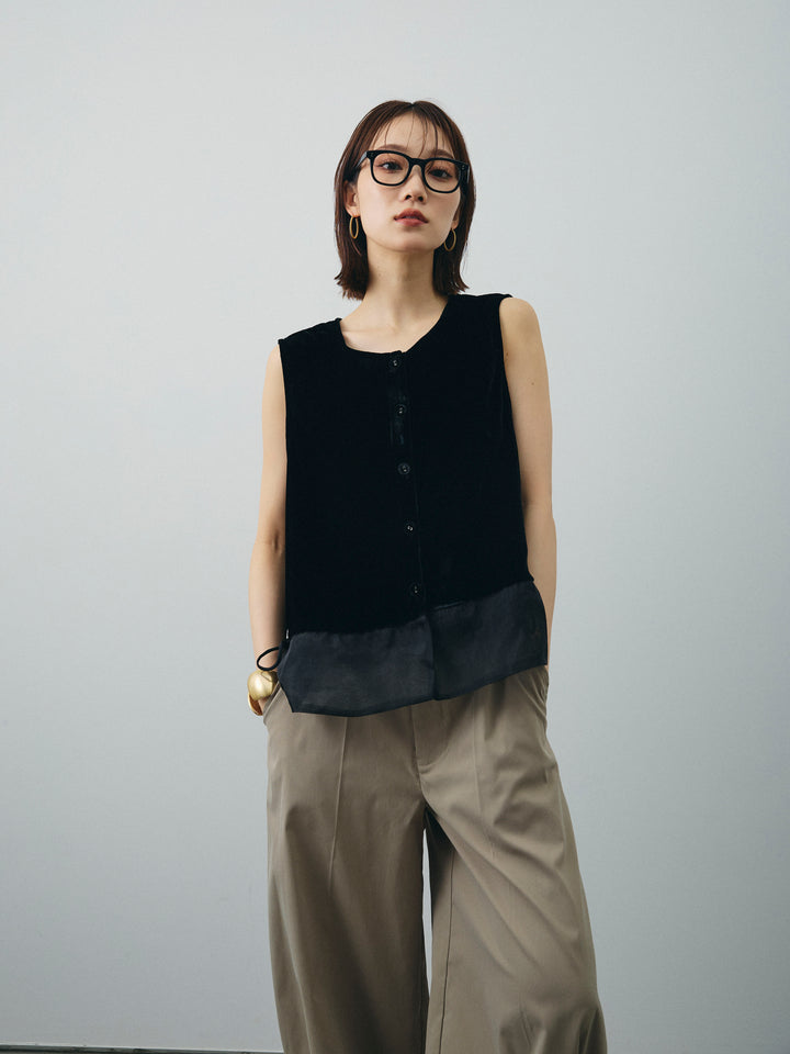 [SET]裾チュールベロアノースリーブプルオーバー+コクーンワイドチノパンツ(2set)