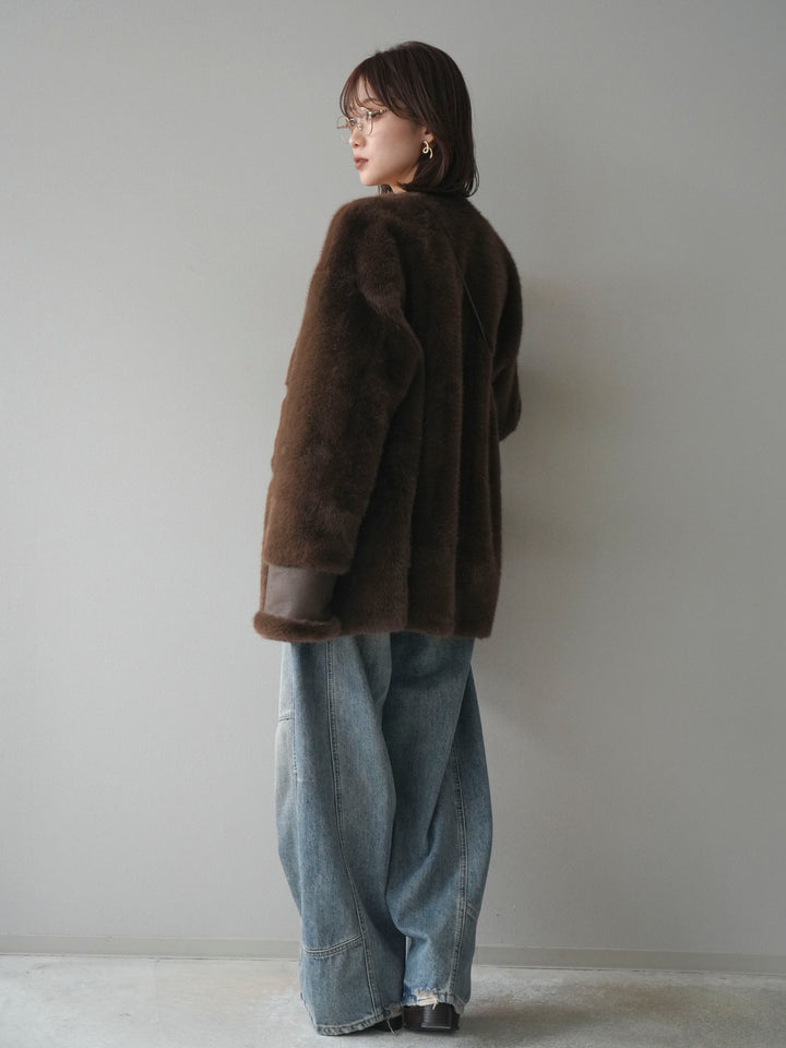 [SET]バッグ付エコファーノーカラーコート+ベルト付カーブデニムパンツ(2set)