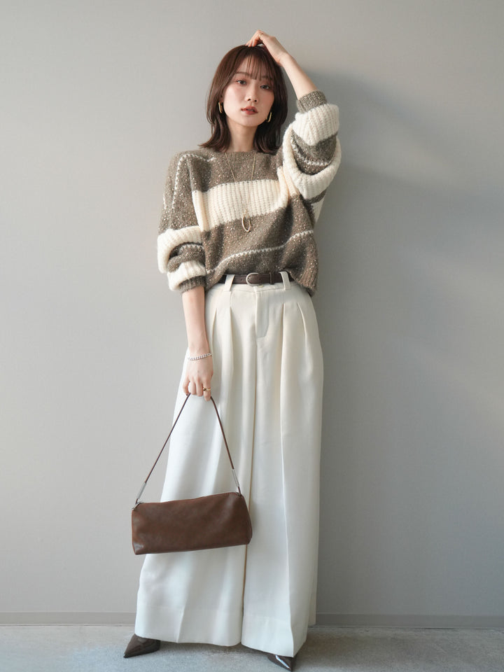 [SET]ネップヤーンボーダーニットプルオーバー+ウールタッチベルト付ワイドパンツ(2set)