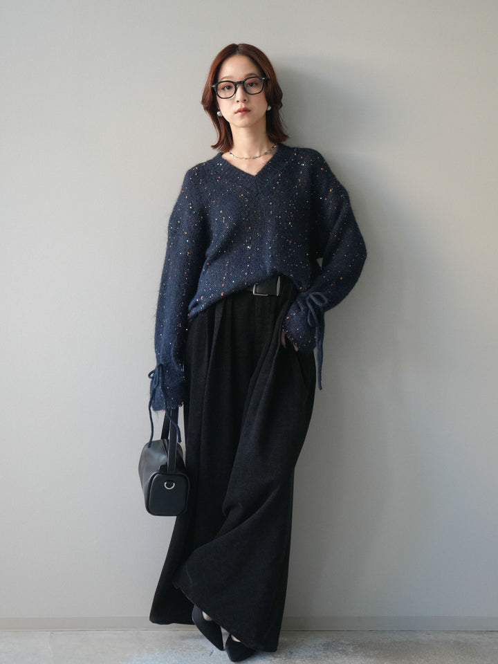 [SET]キャンディースリーブカラーネップスパンコールニットプルオーバー+ベルトデザインループコールテンワイドパンツ(ベルト付き)(2set)