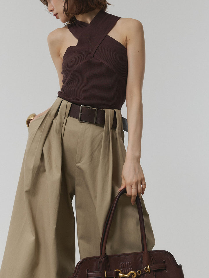 【Allure】[SET]クロスリブニットタンクトップ+ベルト付ダブルループワイドパンツ(2set)