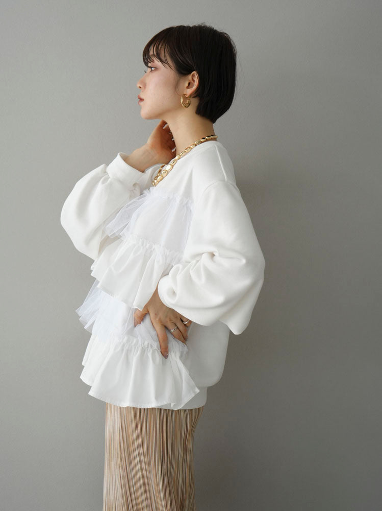 [Pre-order] Tulle frilled fleece pullover/off-white