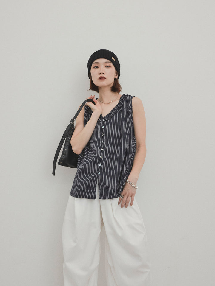 【預購】條紋荷葉邊襯衫/黑色