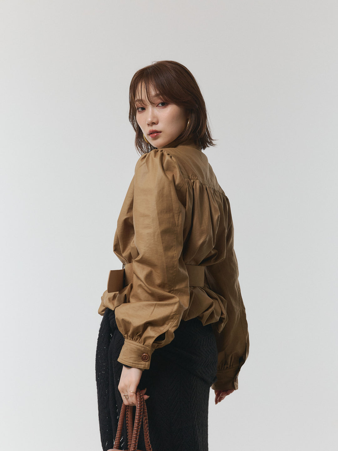 【Allure】[SET]透かし編みニットトップス＆スカート3SET+ベルト付バルーンレザーブルゾン(2set)