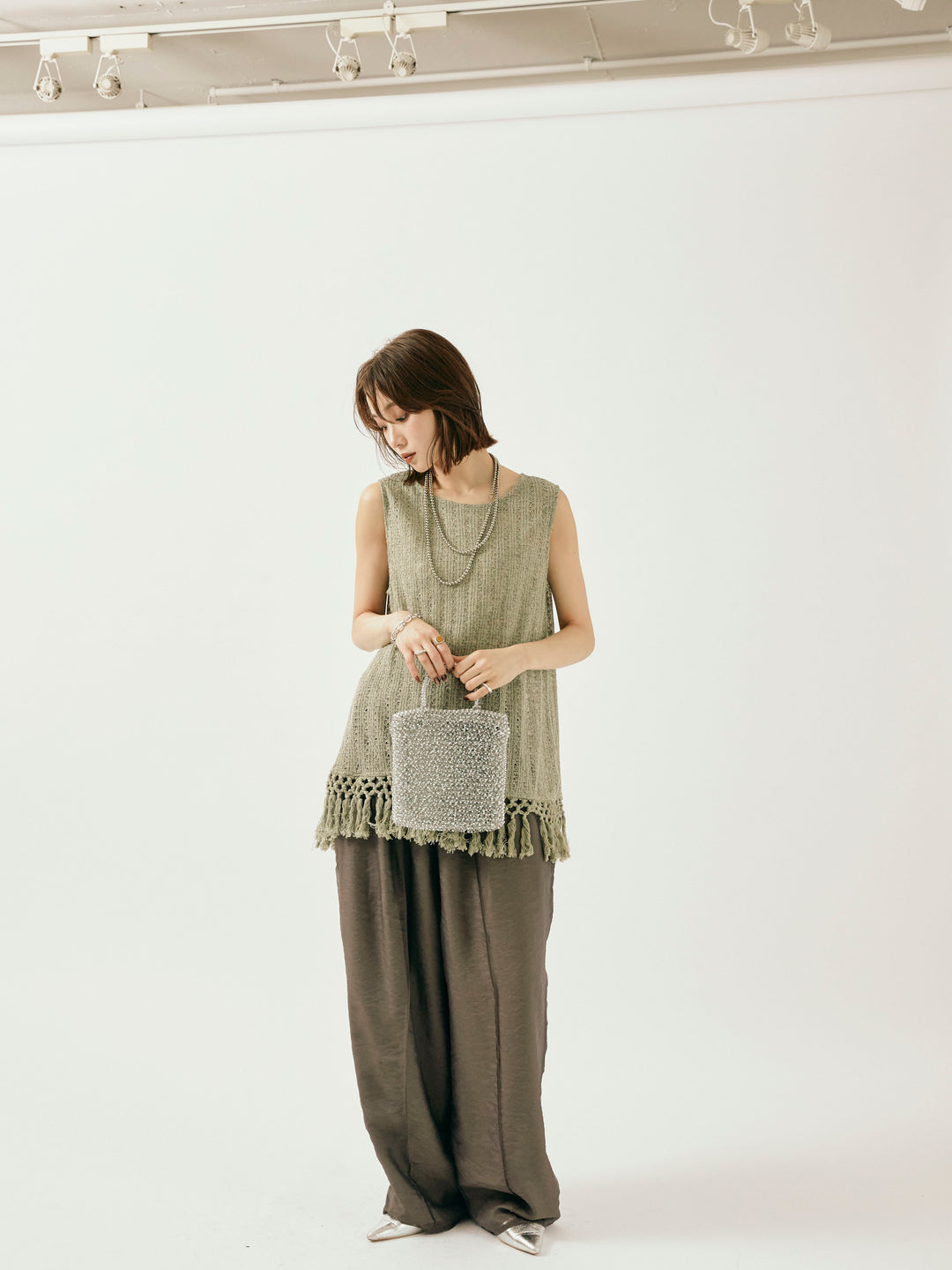 [予約]オーガンジーレイヤードサイドラインパンツ/チャコール