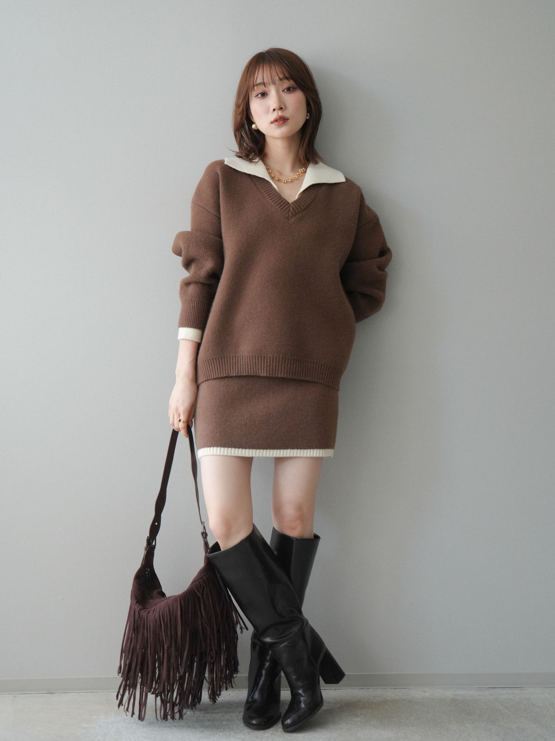 [SET]配色襟ニット＆ミニスカートSET UP(2set)