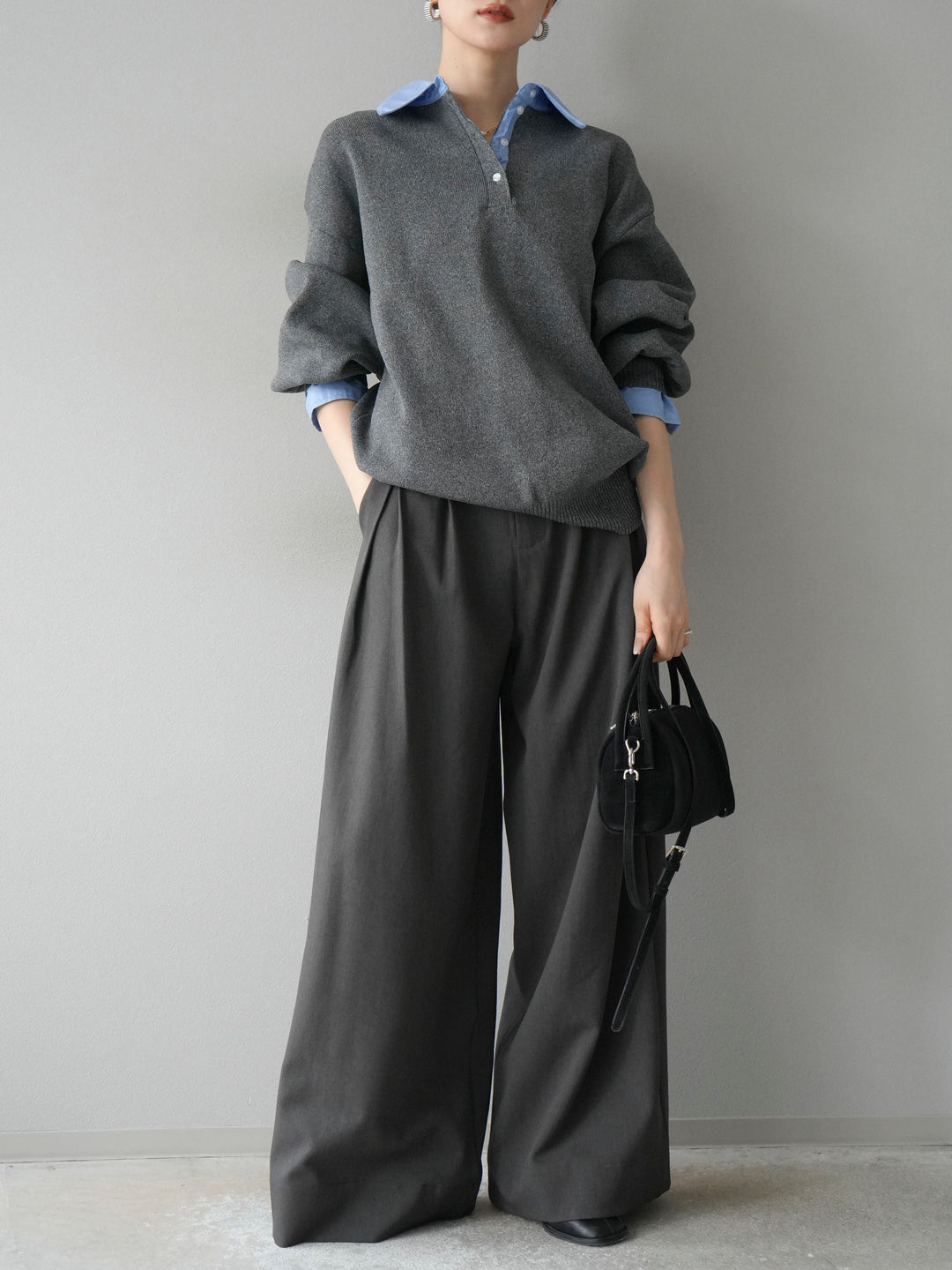 【SET】翻領polo針織套衫+雙褶闊腿褲（2件組）