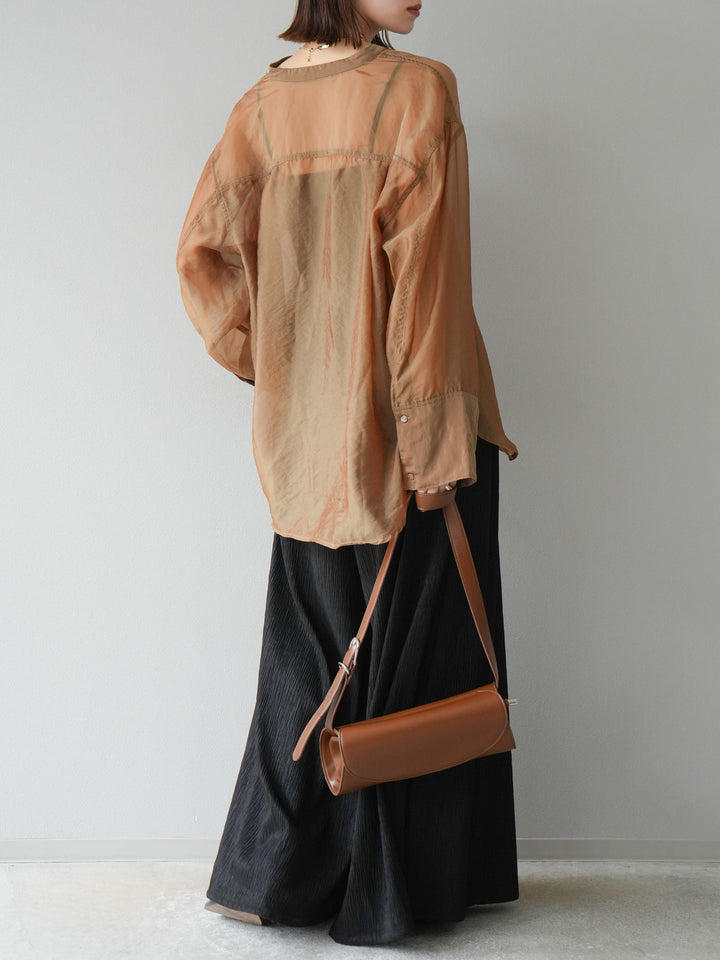 [SET] 亮面透視立領襯衫 + 柳葉寬褲 (2set)