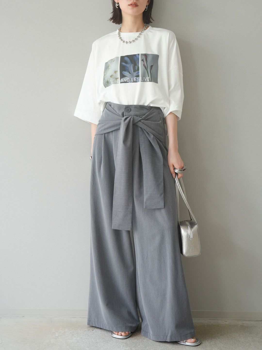 【預購】條紋裹腰寬褲/灰色