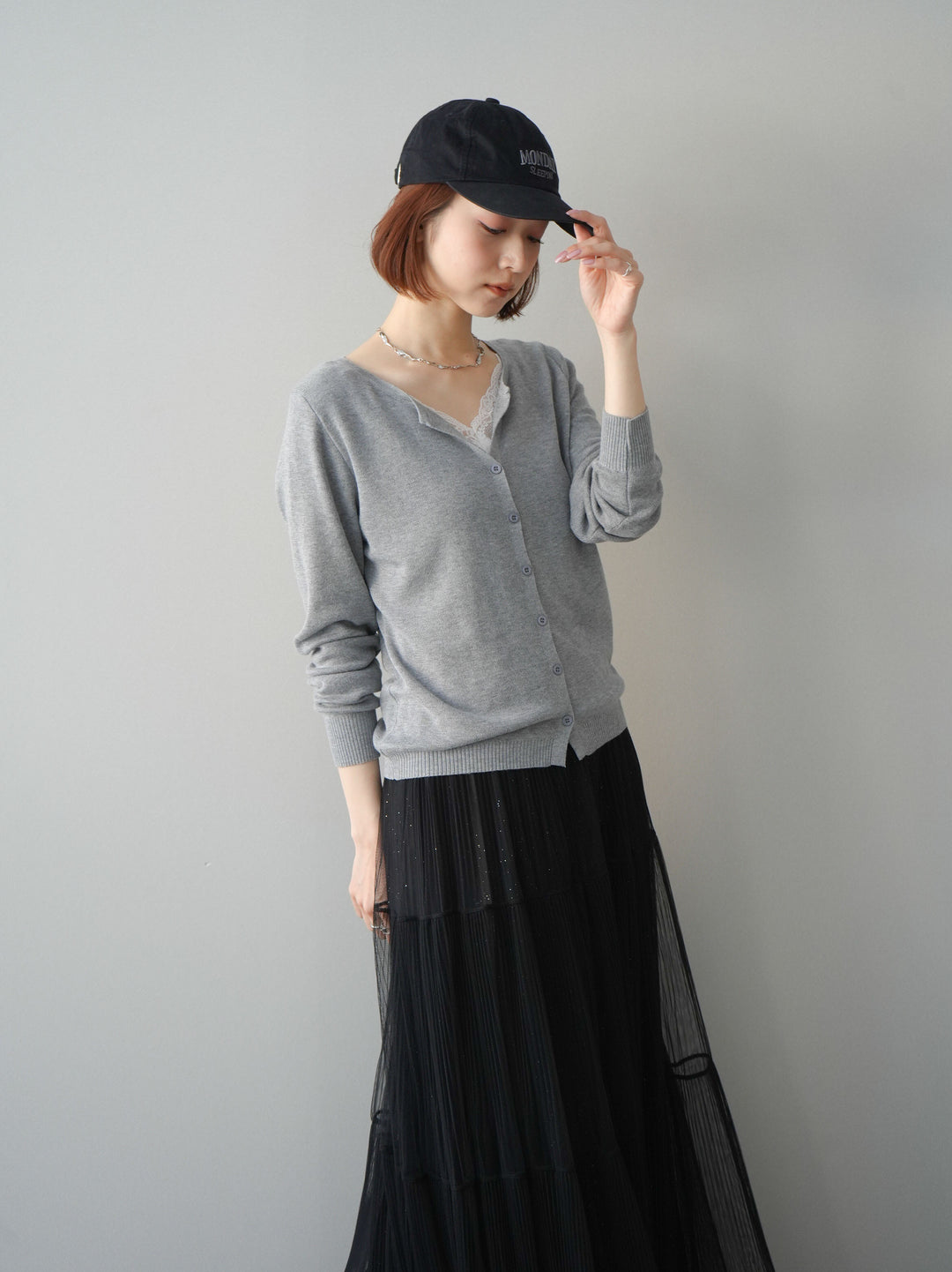 [予約]レースレイヤードニットカーディガン/gray