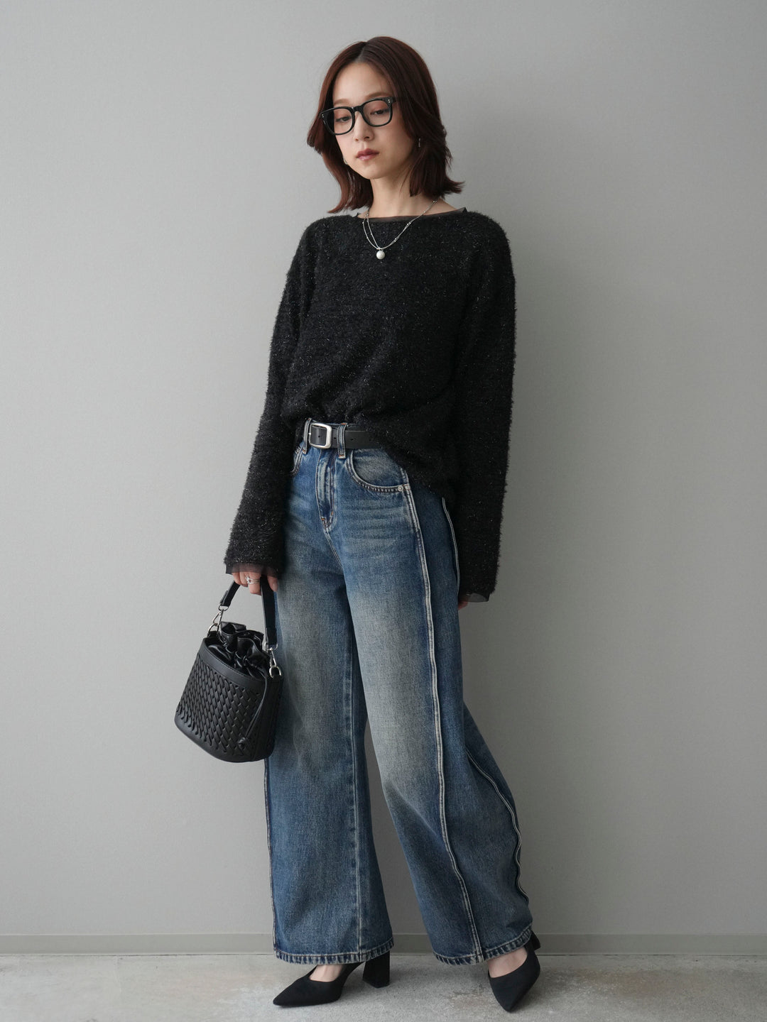 [SET]ラメシャギートップス+サイド切替カーブデニムパンツ(2set)