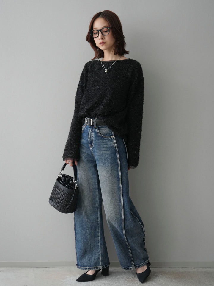 [SET]ラメシャギートップス+サイド切替カーブデニムパンツ(2set)