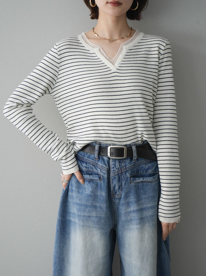 [SET]チュールレイヤードデザインボーダーニットトップス+選べるアクセセット(2set)