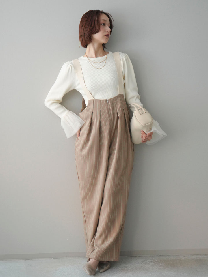 [予約]グログランテープストライプサロペット/beige