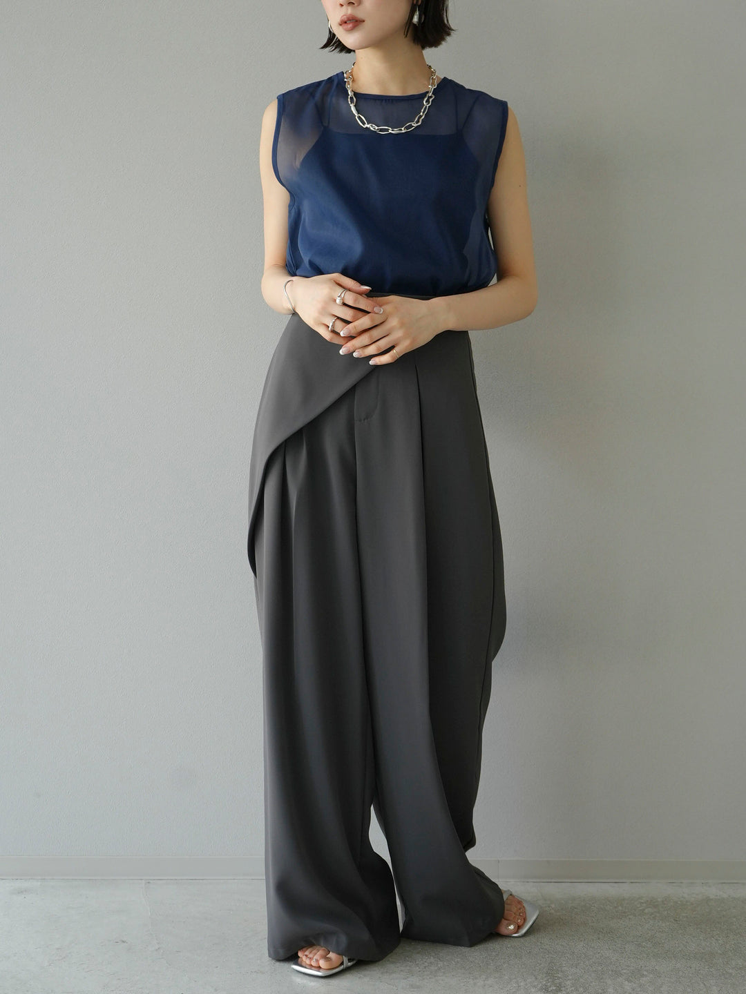 [SET] Organza sleeveless top + wrap wide pants (2set)