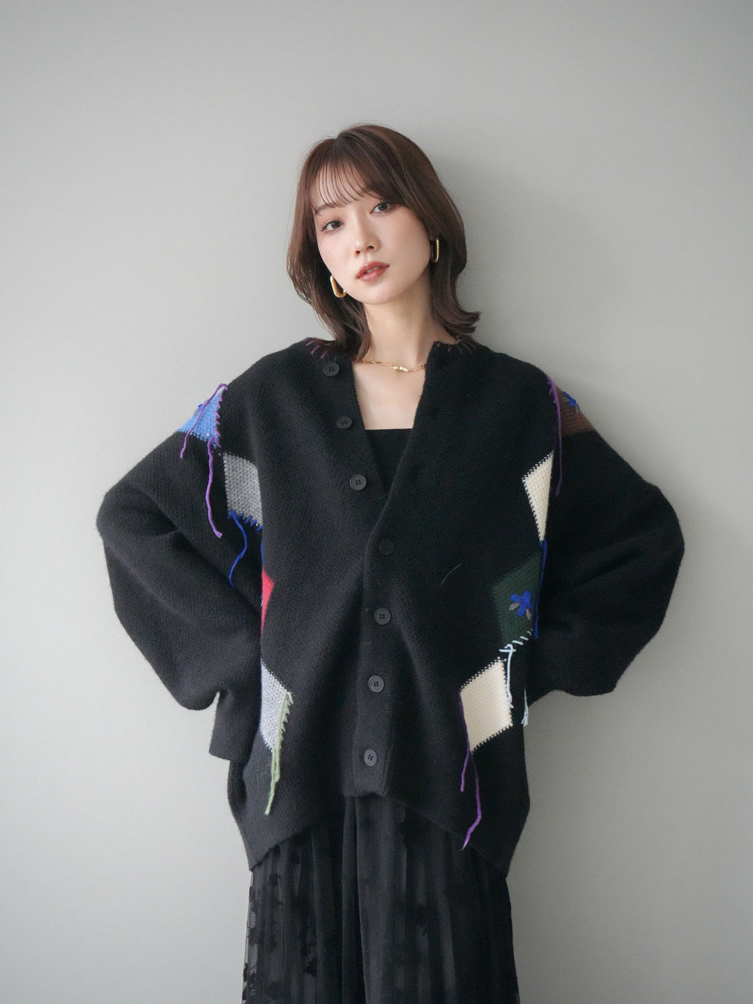 [予約]ハンドステッチアーガイルデザインニットカーディガン/black
