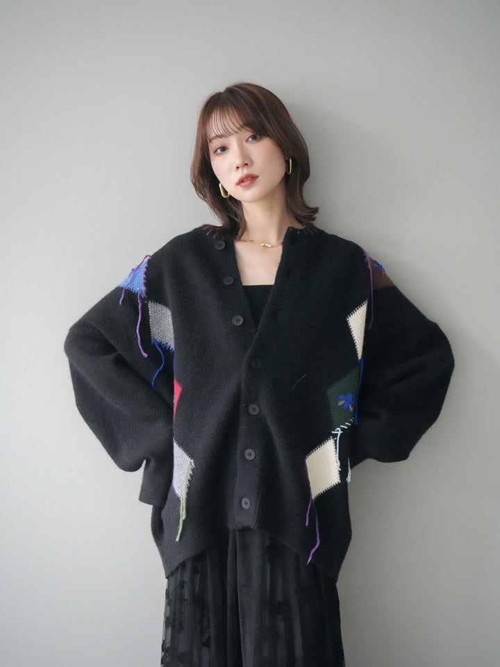 [予約]ハンドステッチアーガイルデザインニットカーディガン/black