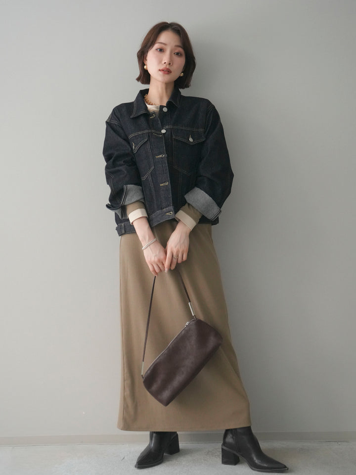 [SET]配色レイヤードヘンリーネックカットリブワンピース+配色ステッチデニムジャケット(2set)