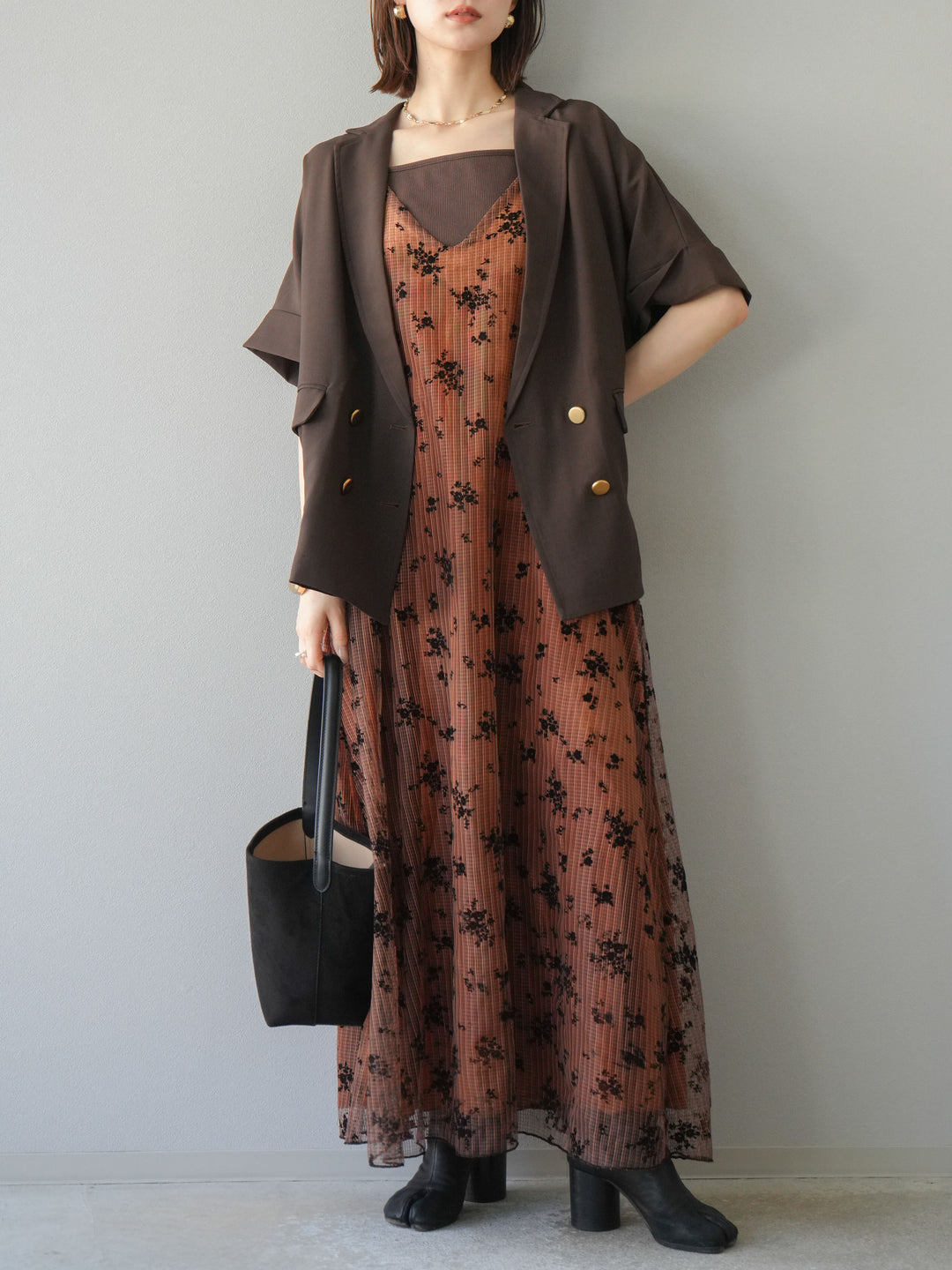 [套裝] 植絨薄紗層疊天鵝絨吊帶連身裙 + 金色紐帶半夾克 (2 套)