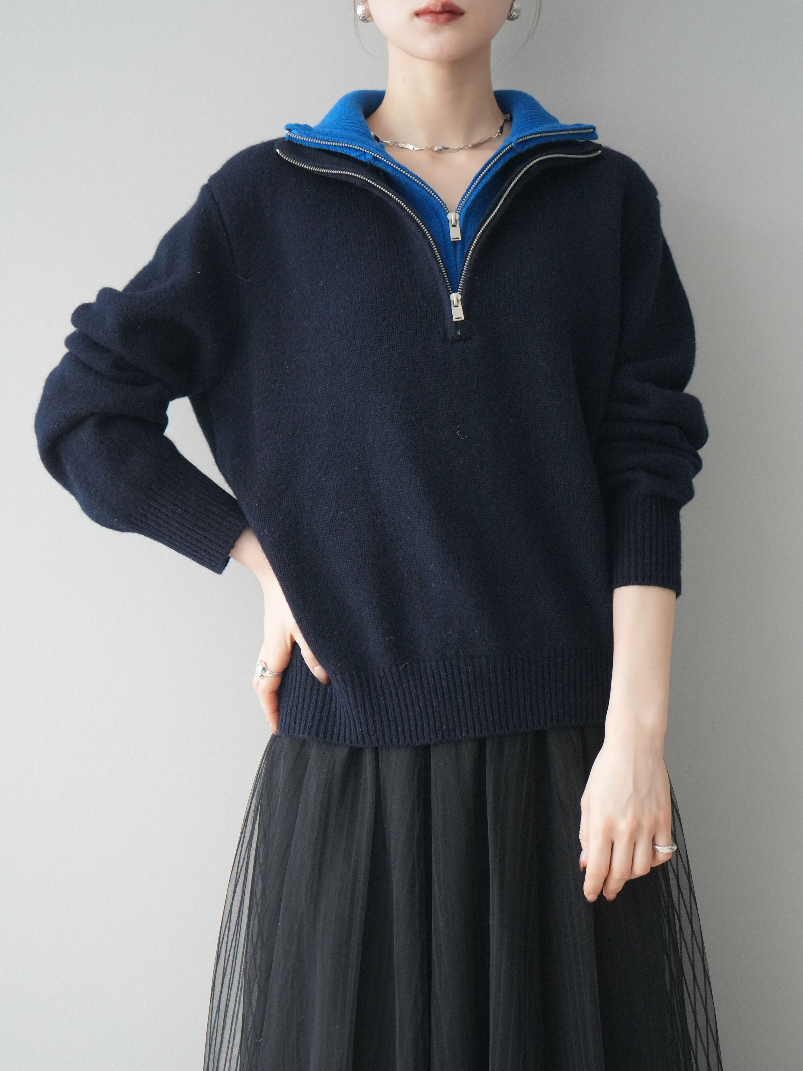 SET]ウールxカシミヤハーフジップダブルネックニットプルオーバー+