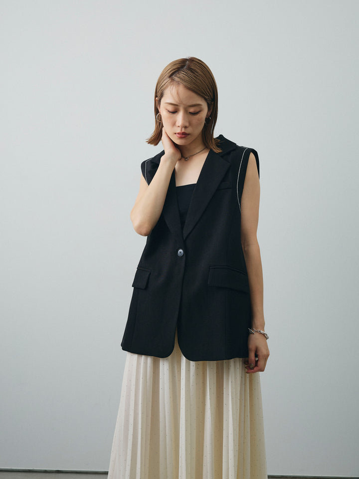 [套裝] 縫線設計背心 + 水鑽百褶裙 (2套)